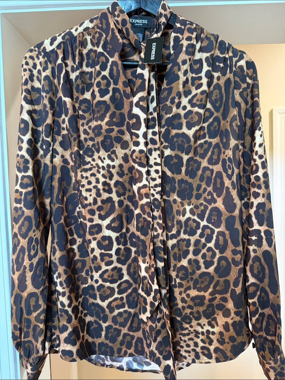 Express Leopard-Print Tie-Neck Blouse - Brown, Black